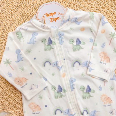 Macacão Dinos Baby com Abertura em Zíper - Off White e Colorido